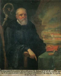 el 37º Abad, Wolfgang Schmid, con una Vista del Monasterio de San Jorge (Isny)